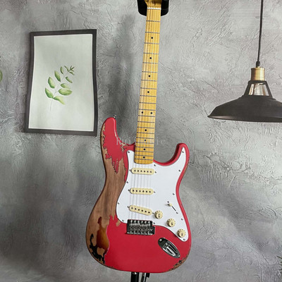 Custom Shop Fiesta Red Over Sunburst ST Electric Guitar Maple Neck Heavy Relic