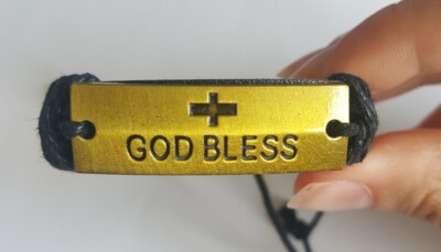 echt Leder geflochtenes Armband, Schwarz, God Bless Schild
