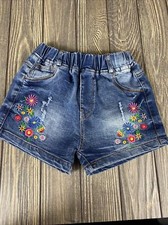 Boutique Girls Blue Denim Jean Shorts With Multicolor Flowers 120