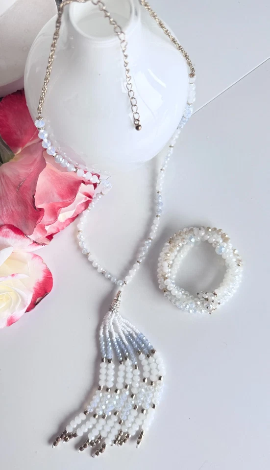 Elegante collar/Brc de cuentas de cristal facetado natural blanco/dorado/gris claro curativo Foto 2 de 4