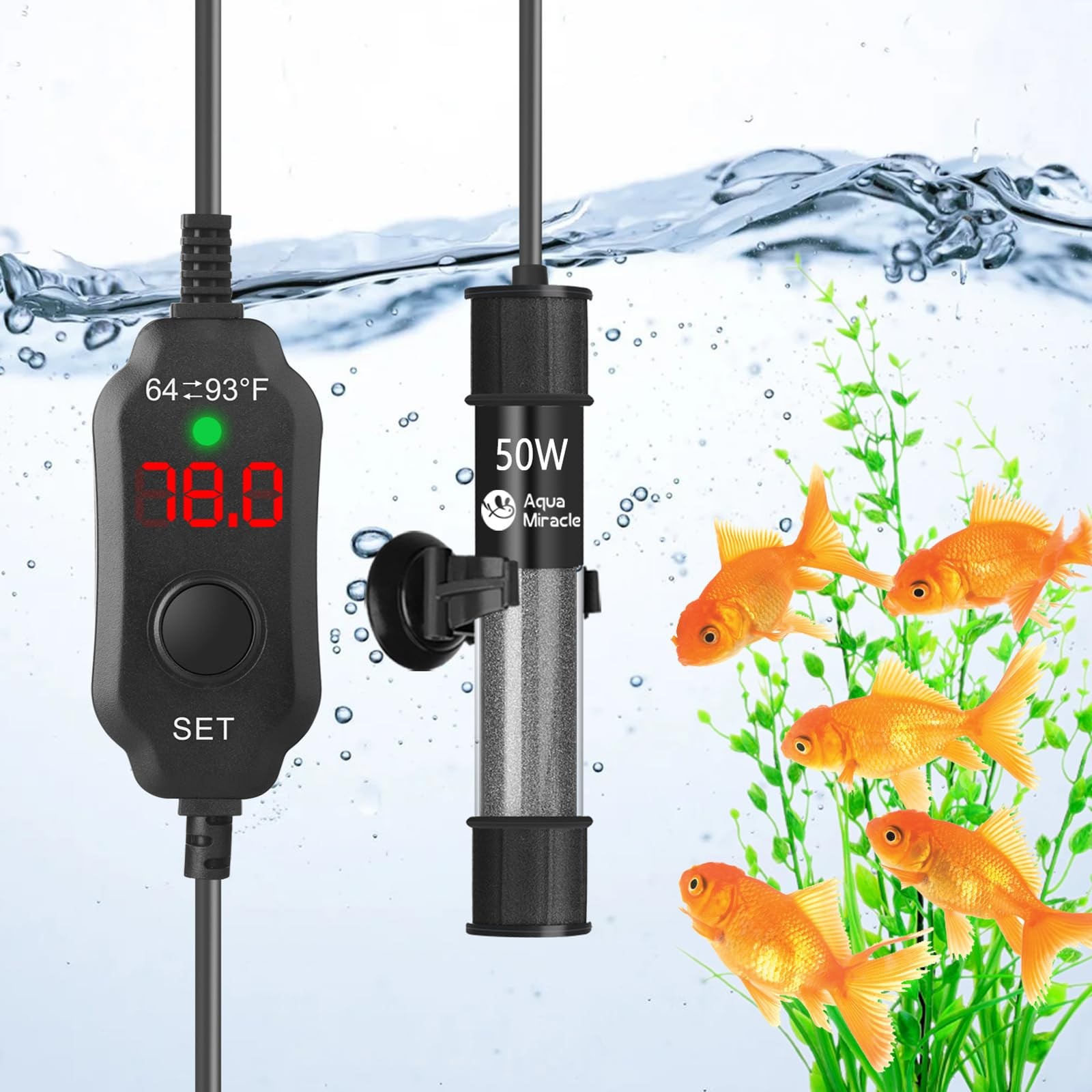 AquaMiracle 50W Submersible Aquarium Heater Compact Fish Tank Water Heater