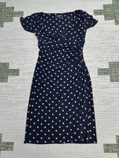 Lauren Ralph Lauren Sheath Dress Womens 6 Blue Polka Dot Ruched Waist V Neck