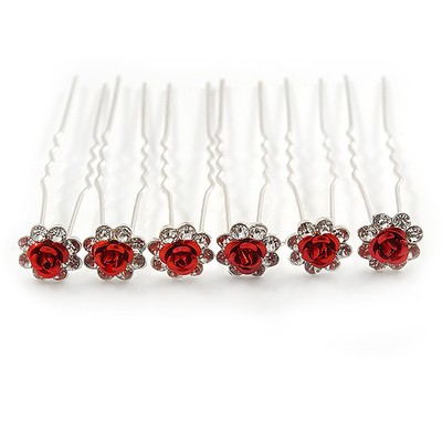 Bridal/ Wedding/ Prom/ Party Set Of 6 Clear Austrian Crystal Red Rose Flower