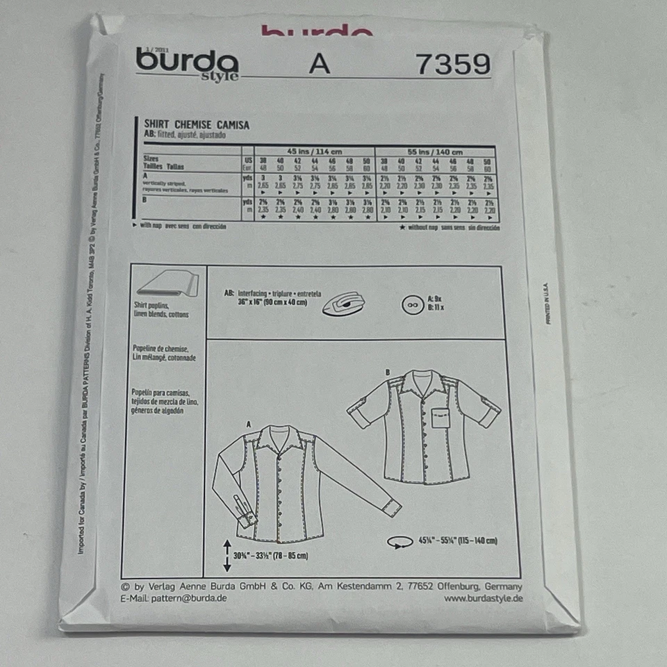 BURDA Style Sewing Pattern 7359 Y2K Men's Shirt Size 38 - 50 Uncut Great Cond - Image 4 of 4