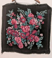 Vintage 60s GLENTEX Scarf Woven Acrylic Floral Scarf Japan Roses On Black