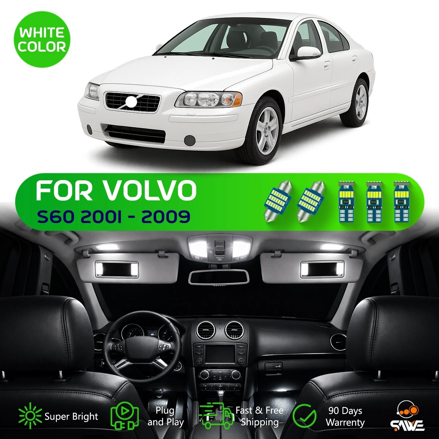 21 x Ultra White LED Lights Bulb Interior Package Kit For 2001 - 2009 Volvo S60