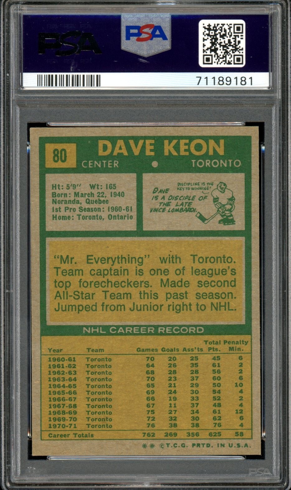 1971-72 TOPPS HOCKEY NHL #80 Dave Keon HOF PSA 8 NM-MT Toronto Maple Leafs Card view 2