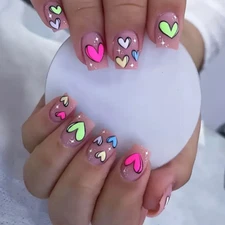 Short square fake nails using gradient love European and colorful French