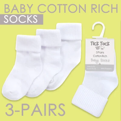 METZUYAN 3 Pairs Baby Girls Boys White Cotton Socks Turn Over Top Ankle High Newborn UK
