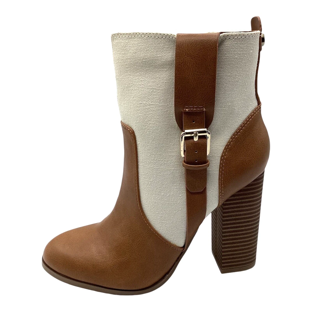Anne Michelle Mujer Botines UK 4 Beige Tostado Imitación Cuero Lona Tacón Bloque