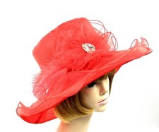 Red Hat Organza Church Dress Derby Wide Brim Crystal Ostrich Plume Society Lady