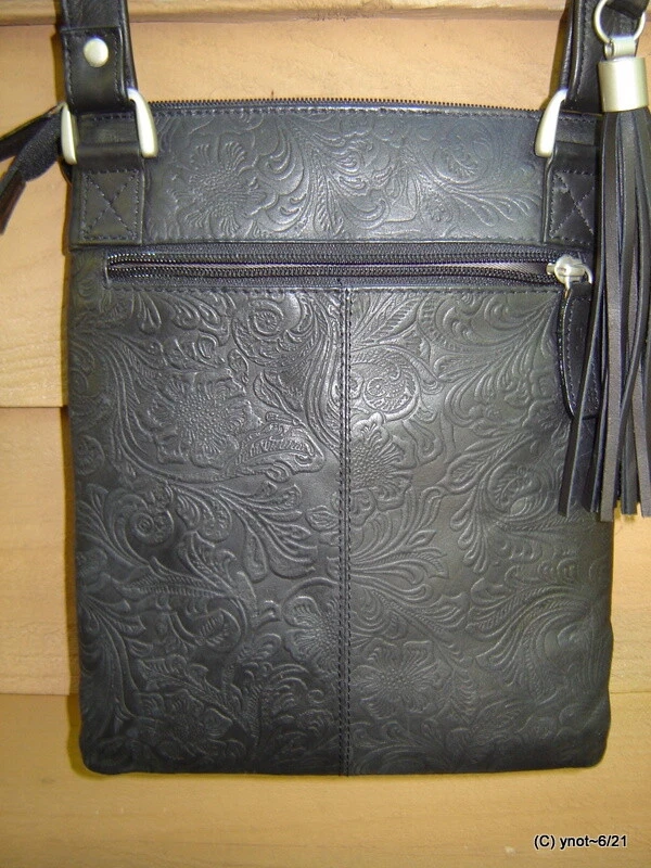 GIANNOTTI Italy Genuine Leather black 3D embossed floral designer handbag
