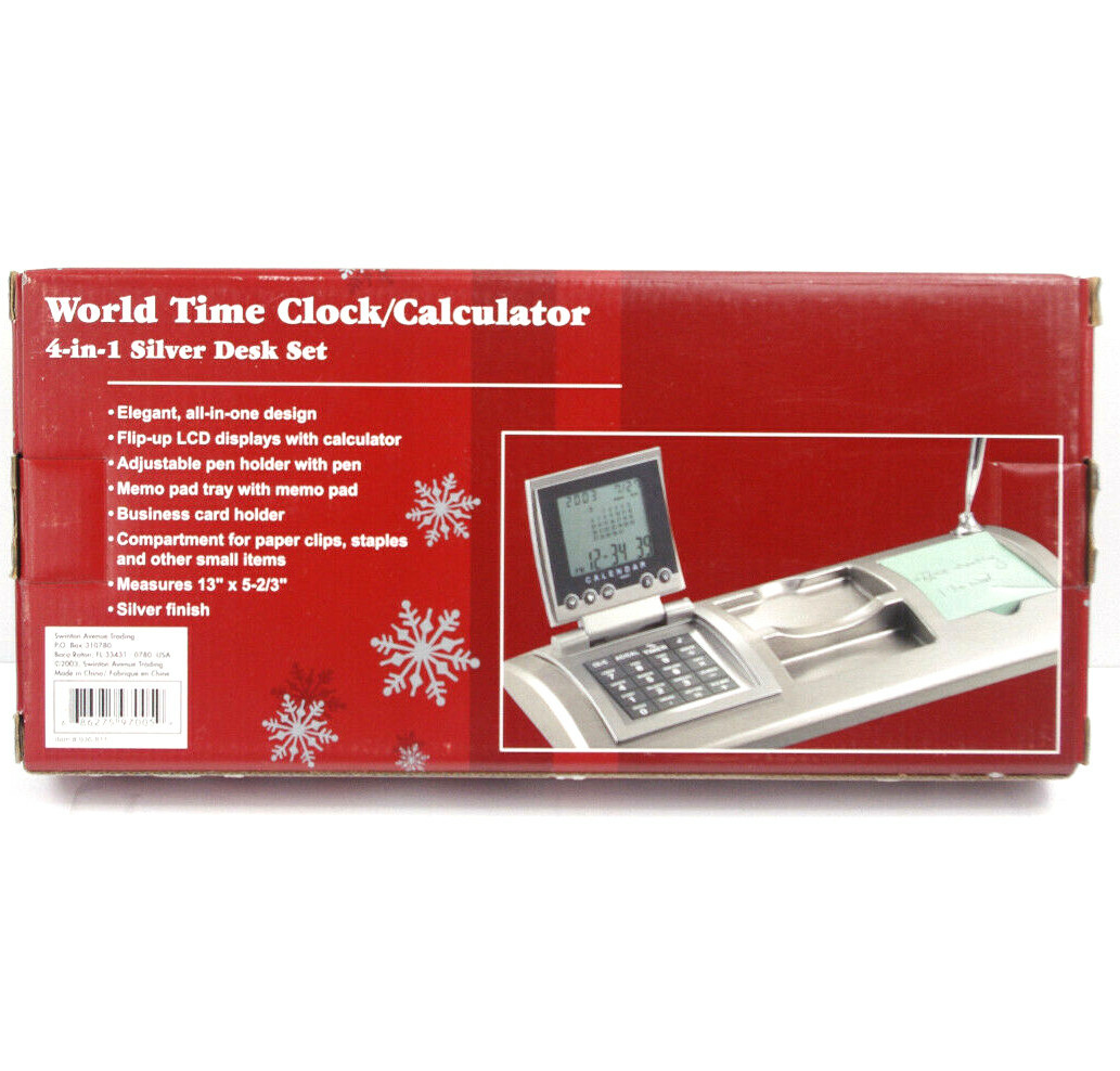 World Time Clock Calculator 4-in-1 Silver Desk Set GIFT