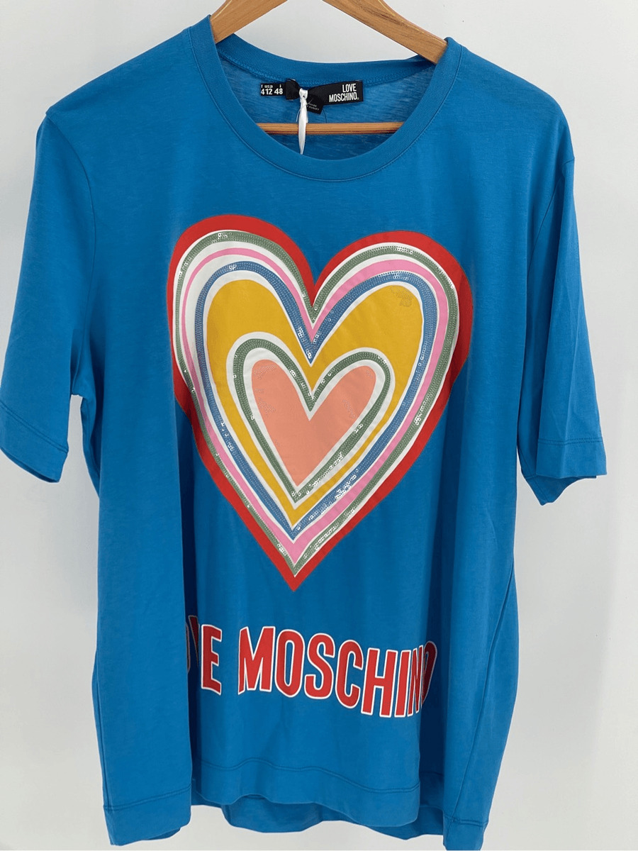 Love Moschino T Shirt Women's Size 12 It 48 Blue Heart Sequins New