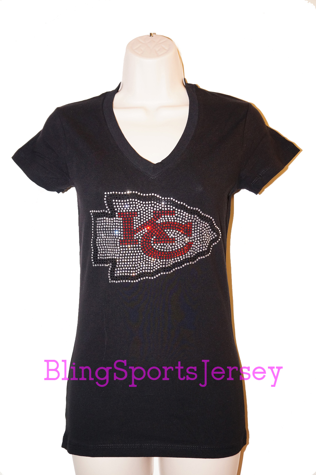 Kansas City Chiefs Jersey Rhinestone Bling T-shirt V-neck