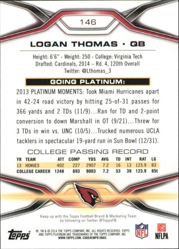 2014 Topps Platinum Orange Refractor LOGAN THOMAS RC #146 ARIZONA CARDINALS 🏈 - Picture 2 of 2