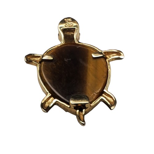 Vtg RARE 10K YELLOW GOLD TIGER'S EYE STONE FIGURAL SEA TURTLE Necklace PENDANT - Picture 8 of 20