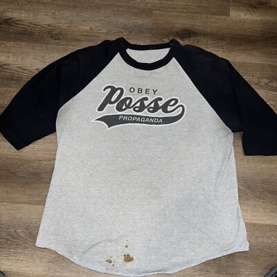 VINTAGE Obey Men T-Shirt Size XL Gray Logo Posse Graphic 3/4