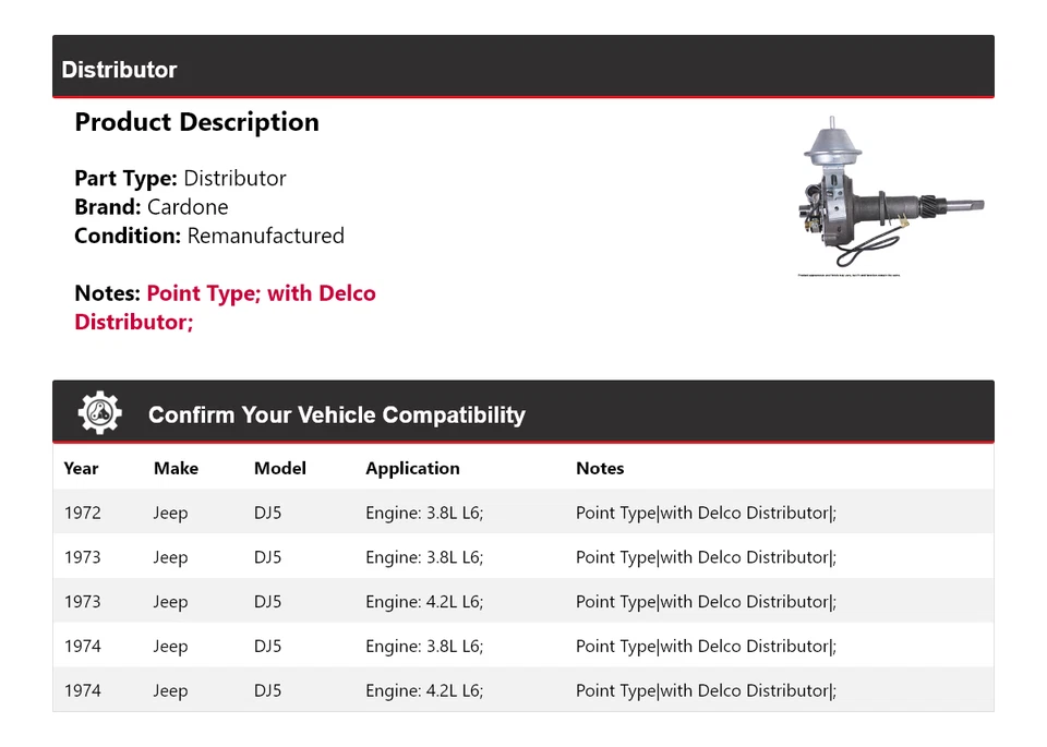 Jeep DJ5 1972-1974 distribuidor Cardone 1973 Foto 2 de 4