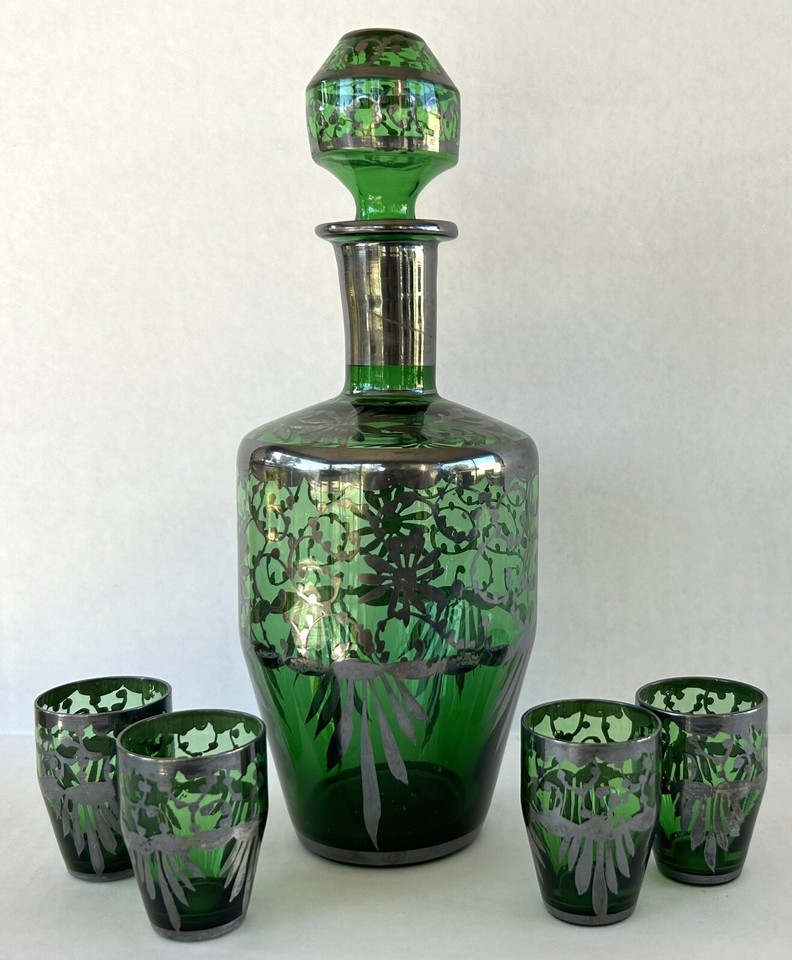 Italian Green Glass With Silver Overlay Decanter Cups Set 5 Pieces Art Deco