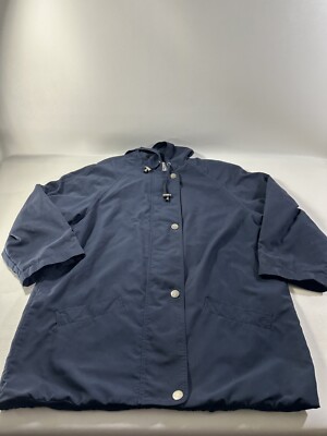 Clipper Mist by London Fog Women s Sz M Jacket Hood Zipper Up Navy 3/4 Sleeve