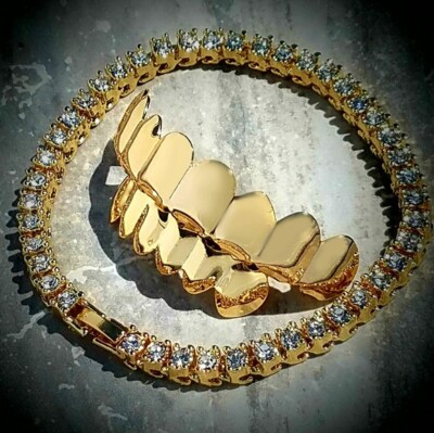 14K Gold Plated Hip Hop High Quality Rapper Bling Grillz & 1 Row Bracelet Set