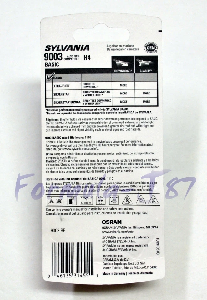 Sylvania Basic 9003 HB2 H4 60/55W Two Bulbs Head Light Dual Beam Replacement DOT - Изображение 3 из 4