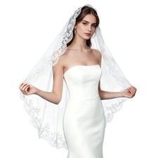 Mantilla Wedding Veil with Lace Edge Fingertip Waltz Length 39 Inche- Tulle