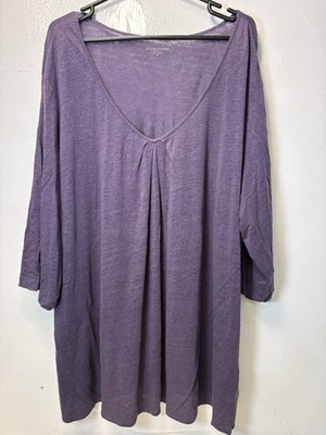 Eileen Fisher Damen lila 100 % Leinen Strick Tunika Top V-Ausschnitt Plissee Größe 3X Plu