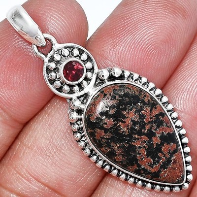 Natural Fireworks Obsidian & Garnet 925 Sterling Silver Pendant SDP152864