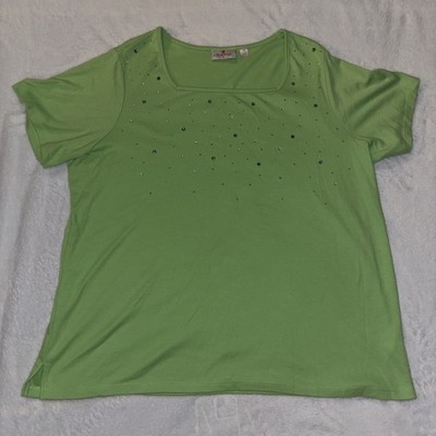 Quacker Factory Sz 1X Gorgeous Green Rhinestone Bling Neckline Short Sleeve Top