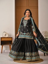 New Latest Heavy Vichitra Silk Black Top Palazzo With Dupatta For Party Wear