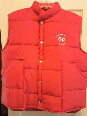 Vtg Southern Pacific Railroad Orange Puffy Vest Lg 44/46 USA Snaps