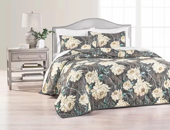 Edredón/Coverlet Martha Stewart "Eloise Floral" Terciopelo KING, Gris Carbón, ¡NUEVO CON ETIQUETAS! Foto 2 de 4
