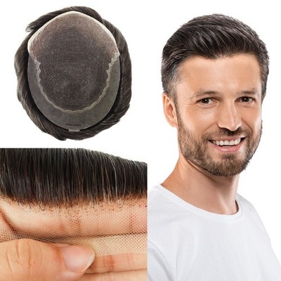 Toupee For Men Human Hair Replecement System Lace Thin Skin Gent Hairpiece #1B10