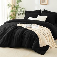 Comforter Set - 7 Pieces Seersucker Bed in a Bag, Soft Lightweight Queen Black