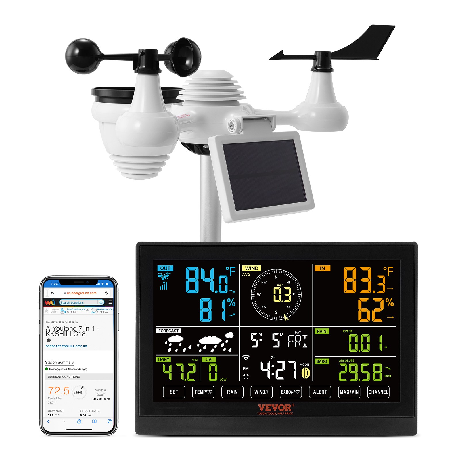 7-in-1 Wi-Fi Weather Station 7.5 in Color Display Wireless Outdoor Sensor