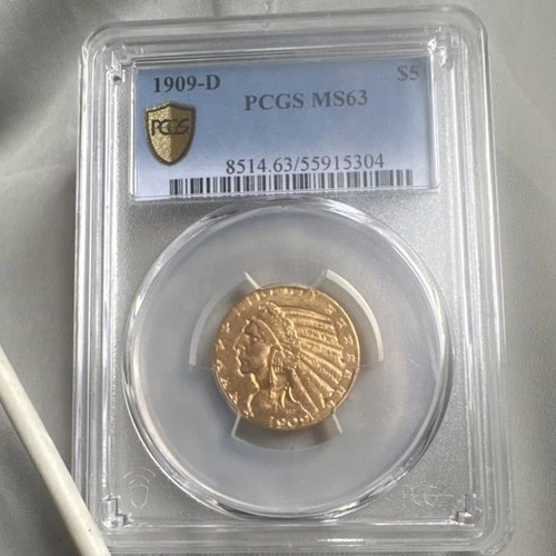 1909-D $5 Indian Head Gold Half Eagle PCGS MS63 Uncirculated Coin
