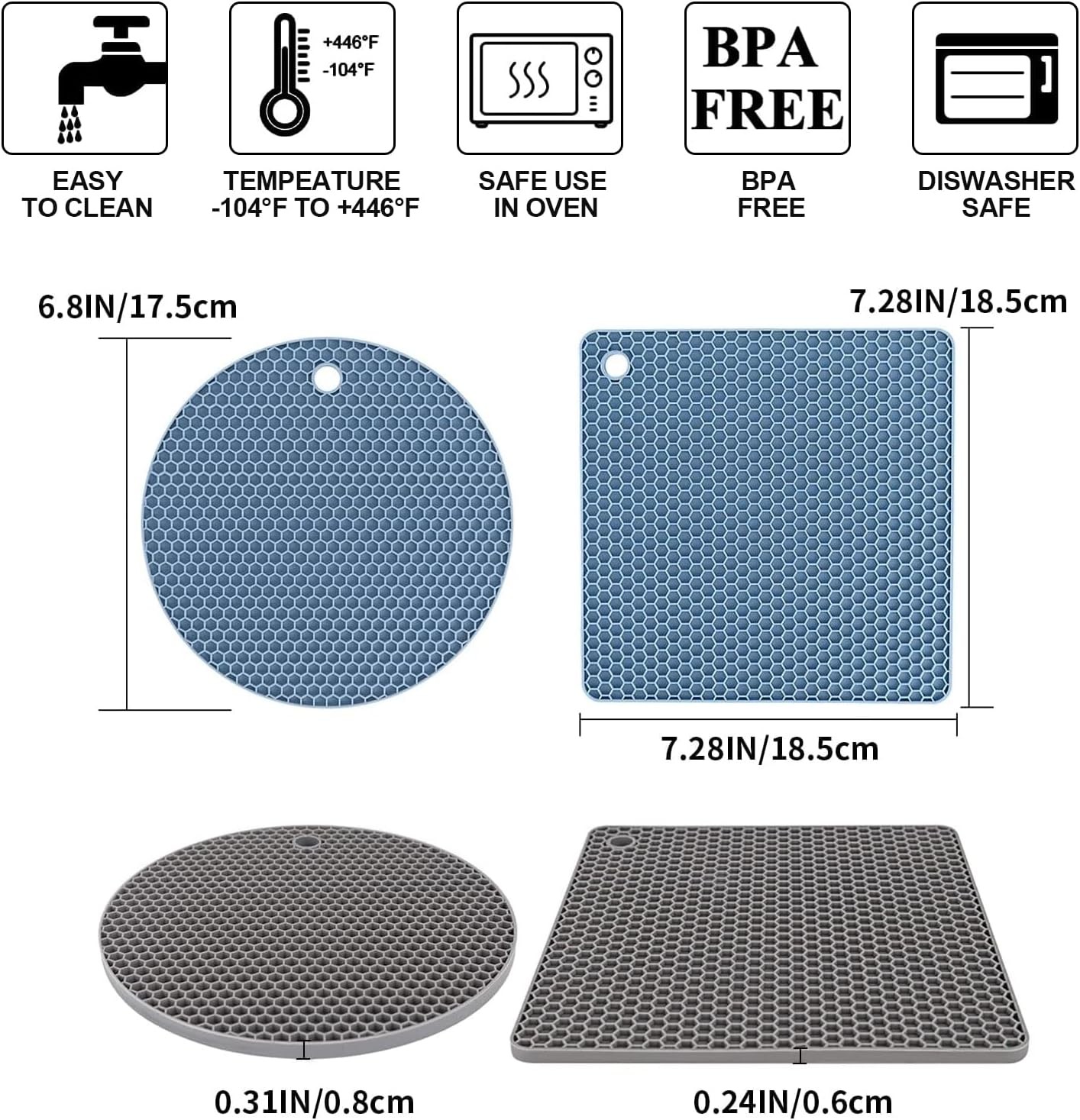 Trivets for Hot Dishes, 4 Pack 7x7in, 001 Morandi Gray + Blue 