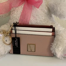 Victoria's Secret Mini Keychain Card Case Coin Wallet V Logo Rose Colorblock New