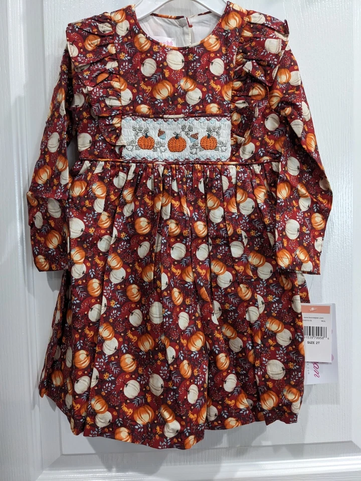 Bonnie Jean 女宝宝 3 个月 - 6 岁感恩节长袖缩褶南瓜连衣裙 — 第 2/4 张图片