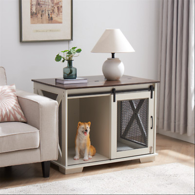 Farmhouse Dog Crate Wooden Indoor Dog Kennel End Table with Sliding Barn Door
