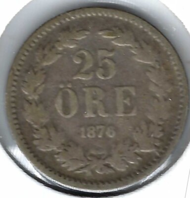 1876 Sweden 25 Ore Oscar II Silver Coin!