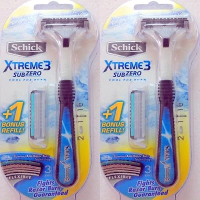 2 x Schick Xtreme3 SubZero Razor with 2 Cartridge and 1 free Razor Shower Hanger - Image 1 of 4