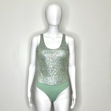 1990s DKNY aqua sequin sheer body suit made in Hong Kong size small