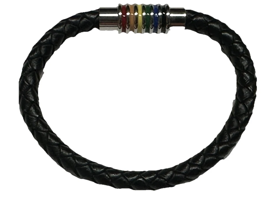 Pulsera Banda 7.5"" Cuero Negro Trenzado Genuino Arco Iris Orgullo Gay LGBTQ NUEVA Foto 2 de 4