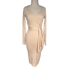 Fashion Nova Ribbed Sweater Dress Oatmeal Bodycon Midi Belted Neutral Size M NWT