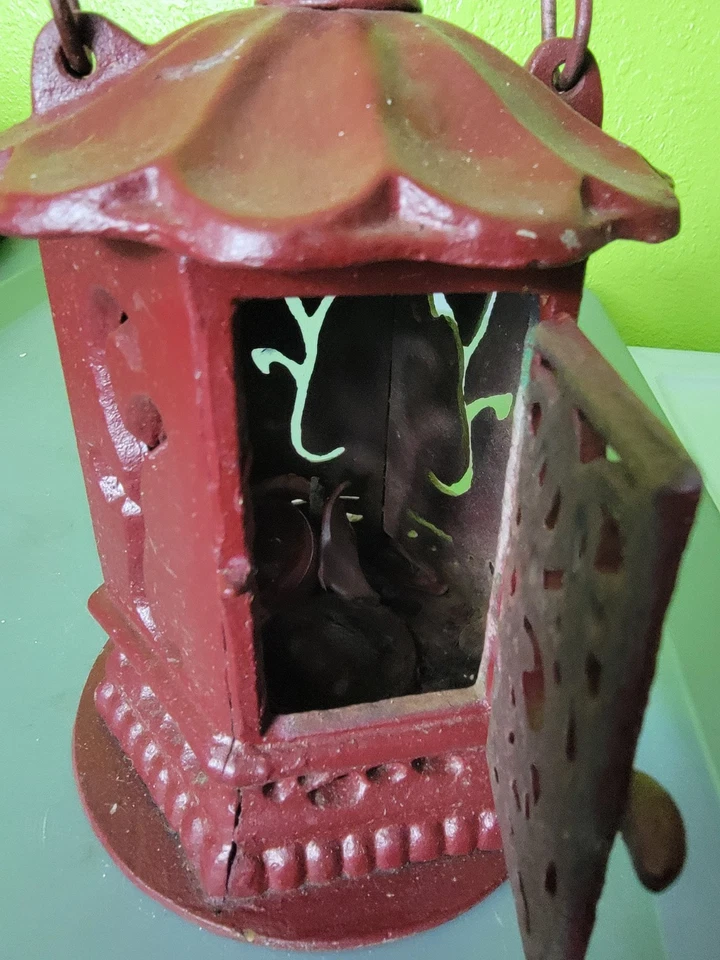Antique Japanese Ikebana Cast Iron Lantern Red Vintage Outdoor Decor Hang - Image 2 of 4