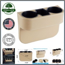Beige Leather Cover Car Cup Holder With Extra Storage Smartphone Pocket