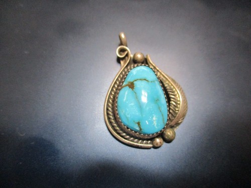 Vintage Native American Sterling Silver Blue Turquoise Pendant - Imagen 2 de 8